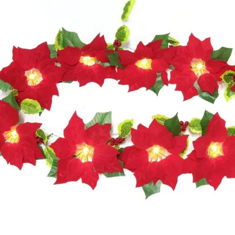 1 шт. 10/20 огней, рождественские цветы, украшения, гирлянды, гирлянды-искусственные украшения, декор для вечеринки в помещении/на открытом воздухе с красными ягодами, листьями падуба
