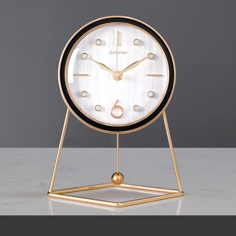 Luxury 8inch Alloy Mute Desk Table Clock with Diamond Pendulum Deco Clock for Bedroom Livingroom