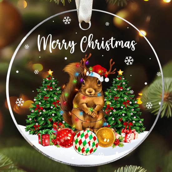 Animal Christmas Ornament 2D Flat Acrylic Ornament Cartoon Santa Hat Animal Hanging Decoration for Christmas Tree Mantel