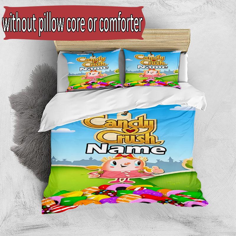 3pcs Duvet Cover Set (1*Duvet Cover + 2*Pillowcase, Without Core), Custom Name Candy Crush Saga Pattern Bedding Set, Home Bedroom Decor Gift