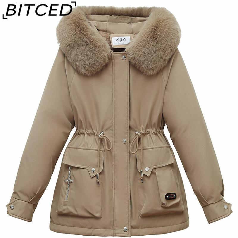 BITCED Winter Thickened Puffer Coat for Women with Waist-cinching, Slimming Fit, Hood and Large Fur Collar for Warmth