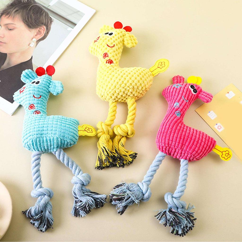 Плюшевая игрушка для жевания для домашних животных, чистка зубов, устойчивая к укусам, в форме оленя, пищащая игрушка для жевания кошек и собак с хлопковой веревкой желтого цвета