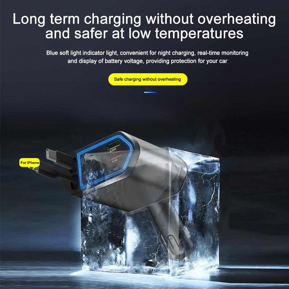 Автомобильное зарядное устройство 120 Вт 5 в 1 с выдвижным кабелем USB-C, 3 порта с выдвижными шнурами, с дисплеем вольтметра для iPhone, Huawei, Samsung