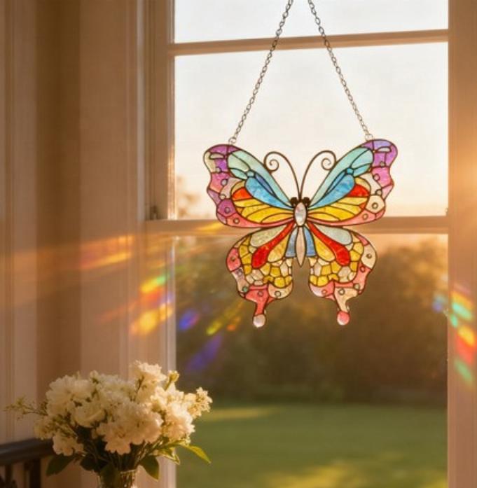 Dropshipping Colored Striped Pendant Stained Glass Sun Catcher Ornament Wind Chimes Colorful Wall Art Eco-Friendly Mosaic