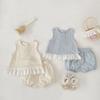Girls Summer Outfit Set: Ruffled Sleeveless Top with Bloomer Shorts In Plaid Pattern