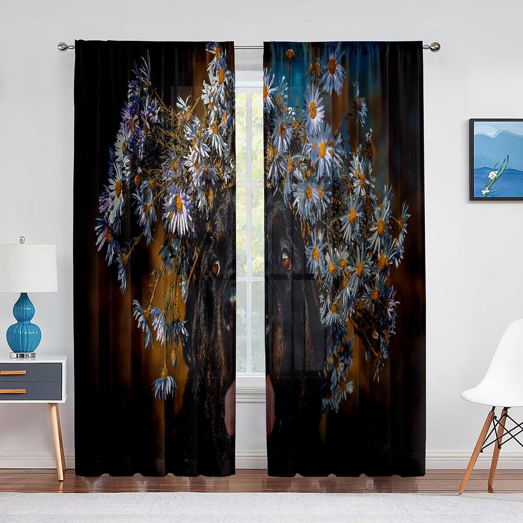 Тюлевые шторы с изображением собаки, австралийской овчарки, розовыми цветами для декора гостиной, спальни, прозрачные прозрачные занавески из вуали