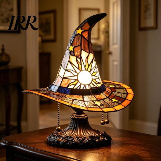 Low Energy Desk Lamp Stained Glass Style Witch Hat Lamp, USB Powered Resin Wizard Night Light Retro Gothic with Sun Star, Halloween Table for Bedroom