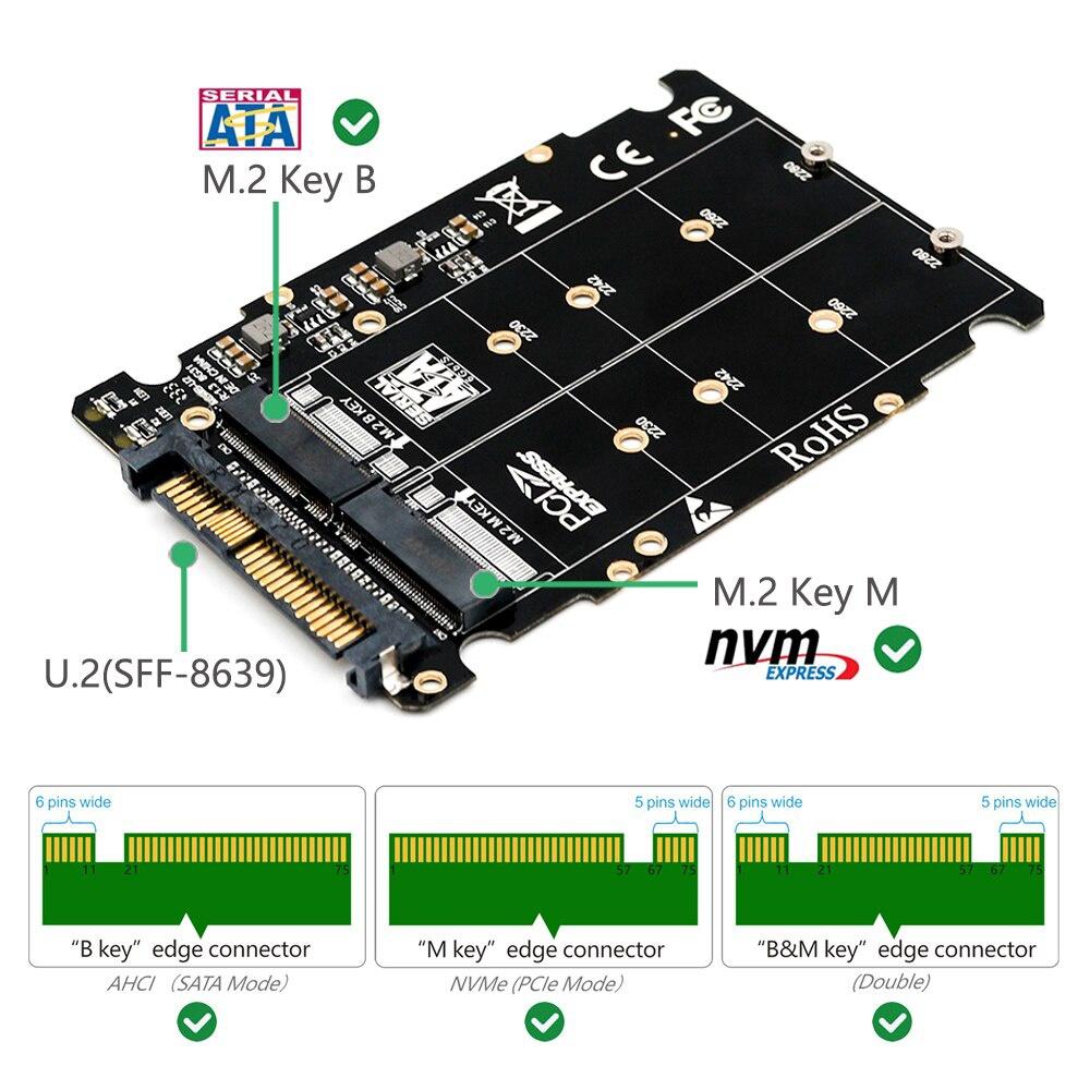 M.2 SSD To U.2 Adapter 2in1 M.2 NVMe and SATA-Bus NGFF SSD To PCI-e U.2 SFF-8639 Adapter PCIe M2 Converter for Desktop Computers