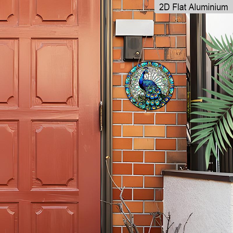 2D Flat, Vintage Stained Glass Style Peacock Round Aluminum Wall Decoration, Available in Various Sizes. Vintage Dessert Style Wall Decoration
