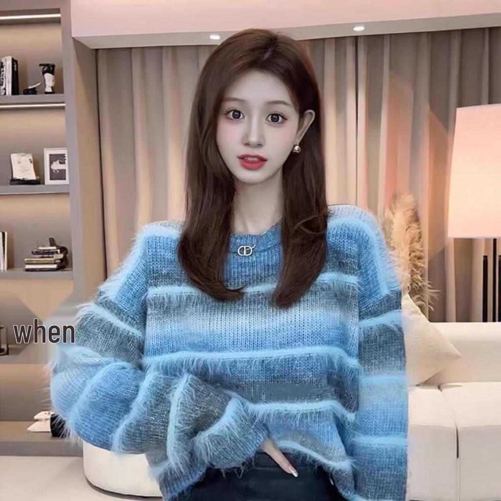Women's Gradient Striped Patchwork Fuzzy Knit Pullover Sweater, 2025 Design