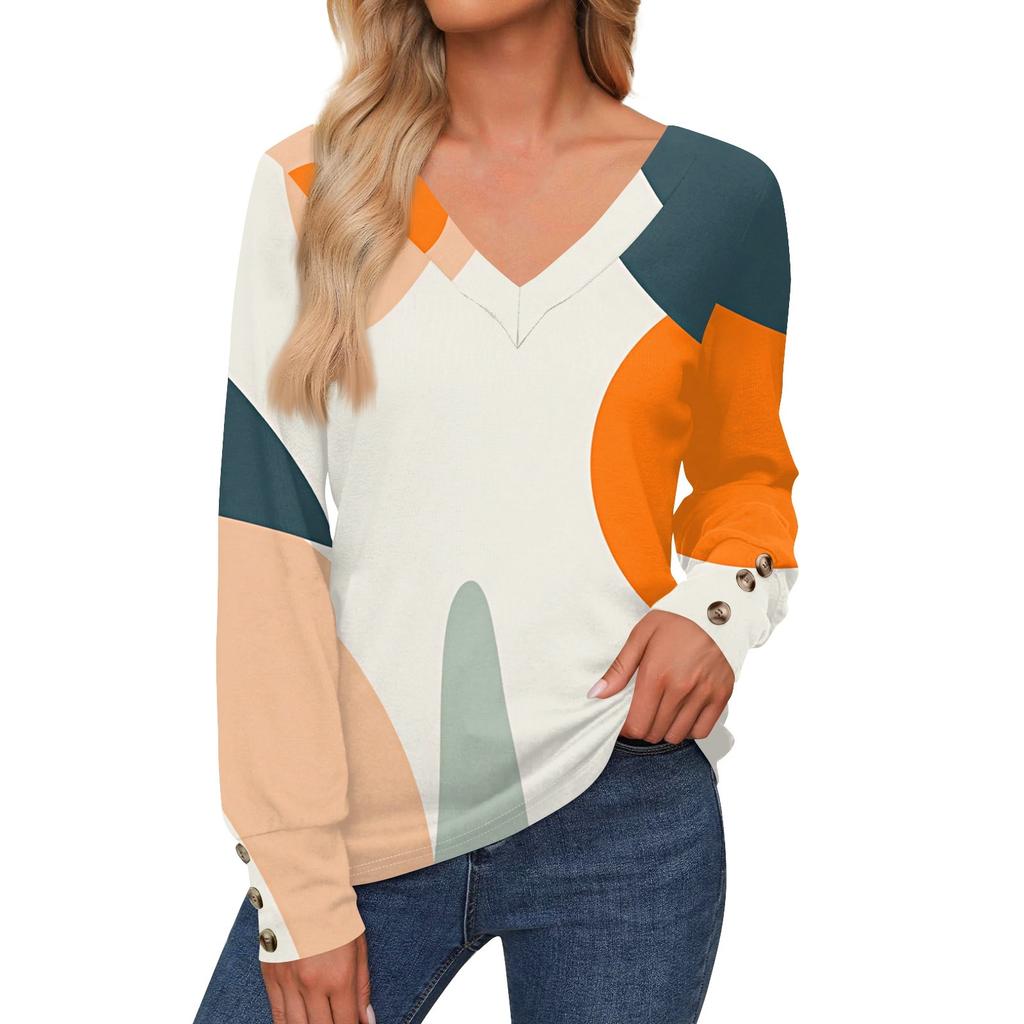 Женская повседневная модная рубашка с длинными рукавами и манжетами на пуговицах, свободная футболка с V-образным вырезом, осенняя одежда