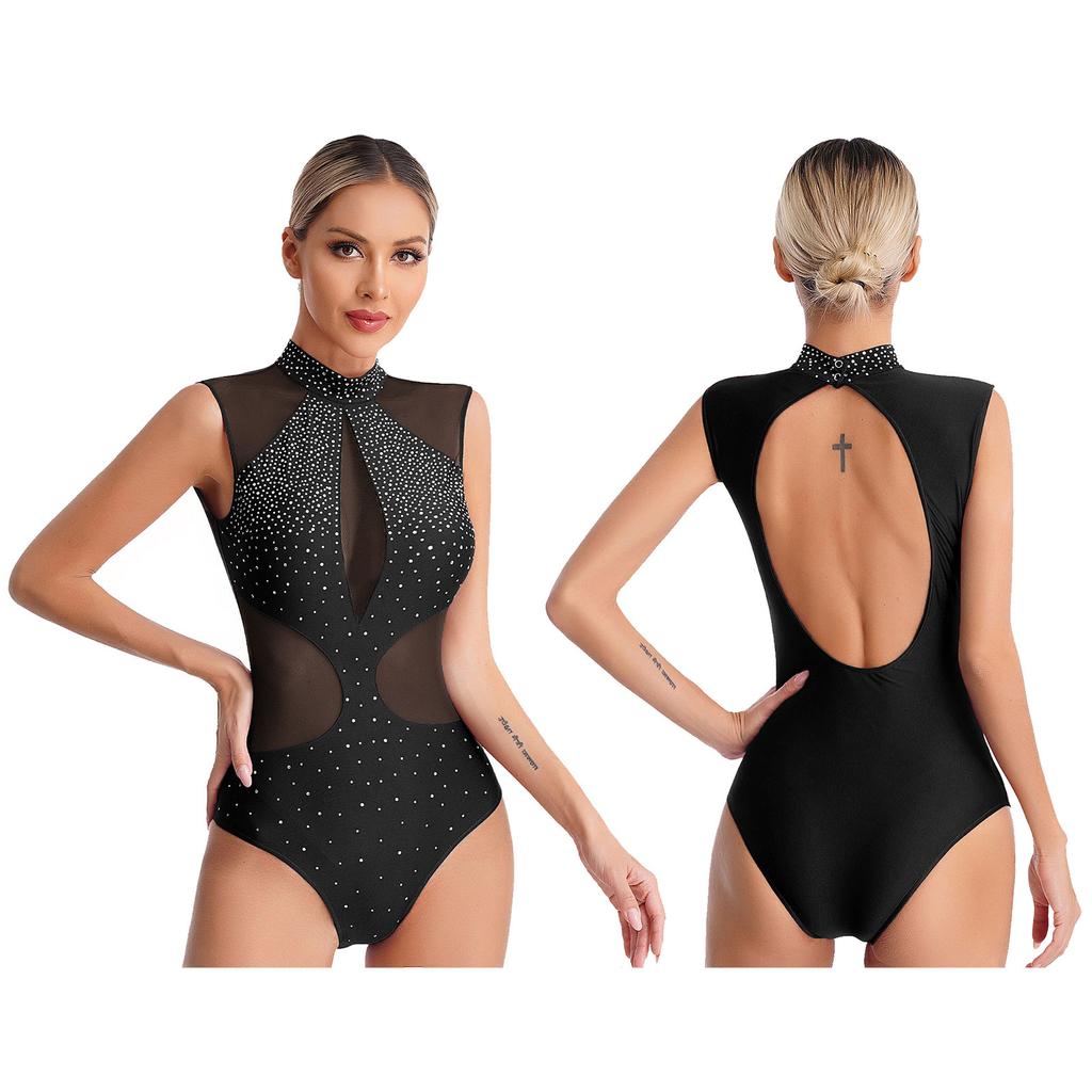 Womens Figure Skating Dance Leotard Sparkly Rhinestones Sheer Mesh Patchwork Sleeveless Cutout Back Bodysuit for Gymnastics