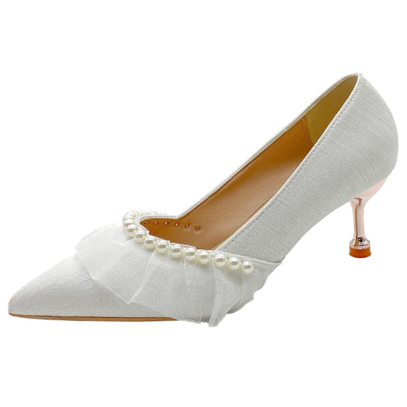 Модные туфли на свадьбу с жемчужным кружевом для женщин 2024 года, осенние туфли-лодочки с острым носком, женские элегантные туфли на шпильках с блестками