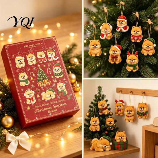 Christmas Advent Calendar for Kids Pomeranian Countdown, 24-Day with 2D Acrylic Holiday Party Games Dog Ornaments, Tree Hanging Decor, Gift Pet Lovers