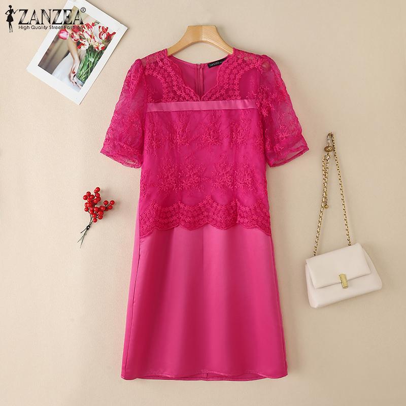 ZANZEA Женское летнее повседневное кружевное платье-футляр с коротким рукавом в стиле пэчворк