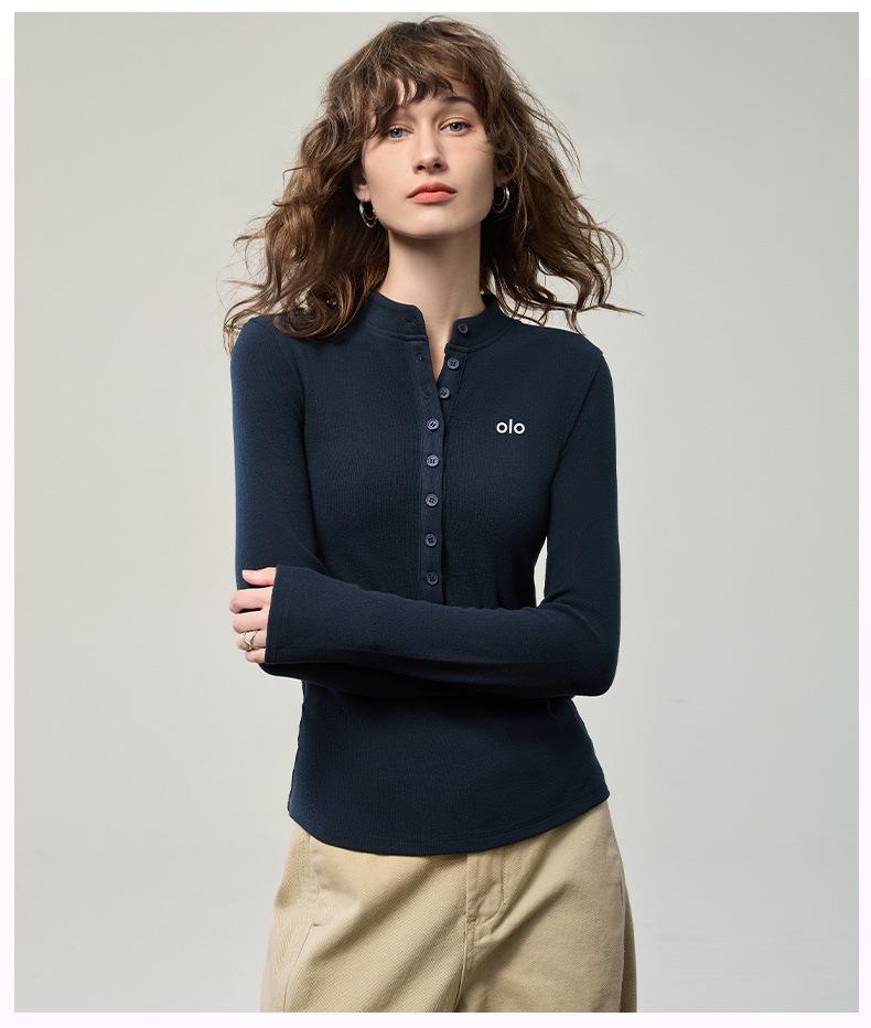 Women's Brushed Button Henley Long Sleeve T-Shirt - Autumn 2025 Print Slim Base Layer Top