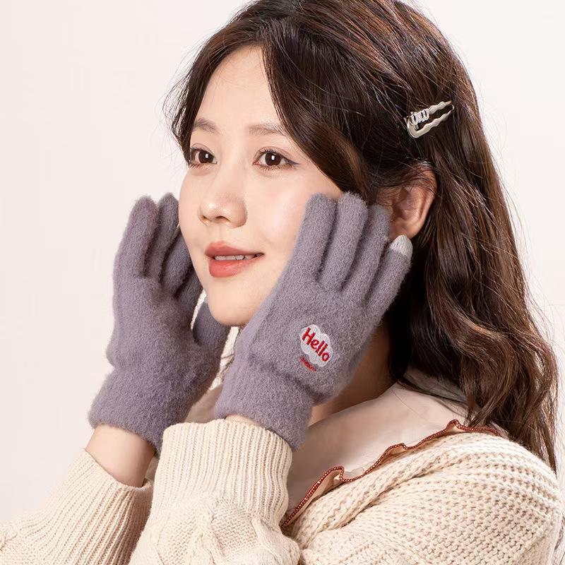 Новые зимние холодостойкие и теплые шерстяные перчатки для сенсорных экранов, вязаные милые перчатки с вышитым улыбающимся лицом из мультфильма, приятные для кожи