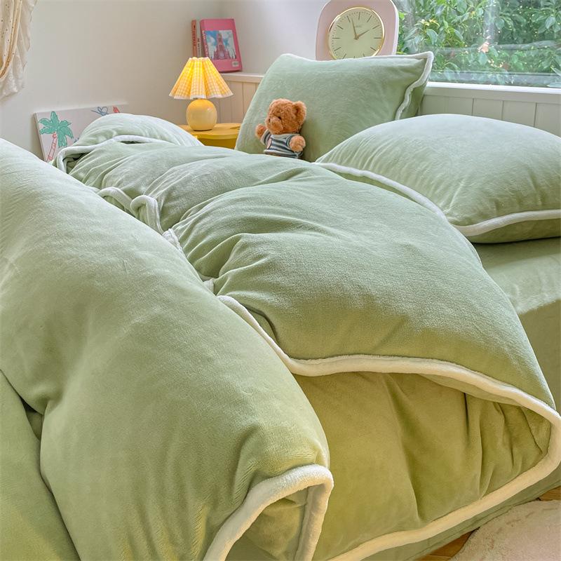 Thickened Milk Fleece Four-Piece Set, Solid Color Coral Fleece Bed Sheet Quilt Cover, Fleece Bedding Three-Piece Set