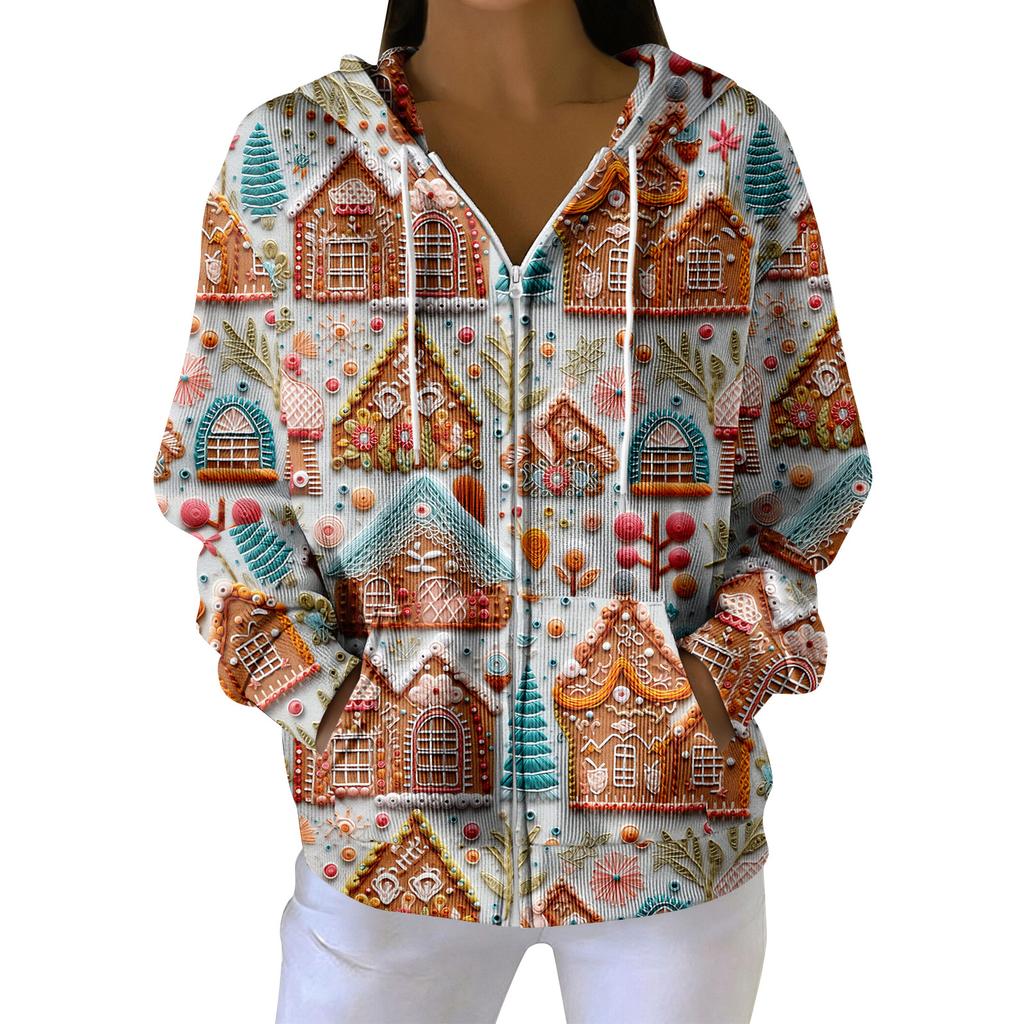 Женская повседневная модная вязаная толстовка с длинными рукавами и застежкой-молнией, с рождественским принтом