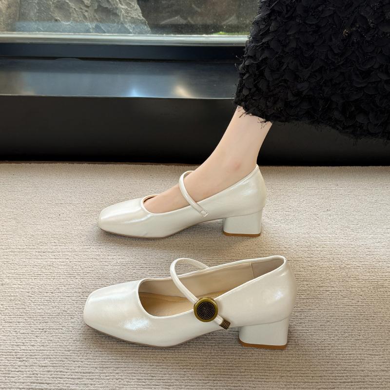 Coarse Heel Single Shoes Autumn Light Mouth Versatile Retro Mary Jane Shoes Women's Lace-up Metal Decorative Square Head One-word Strap Single Shoes