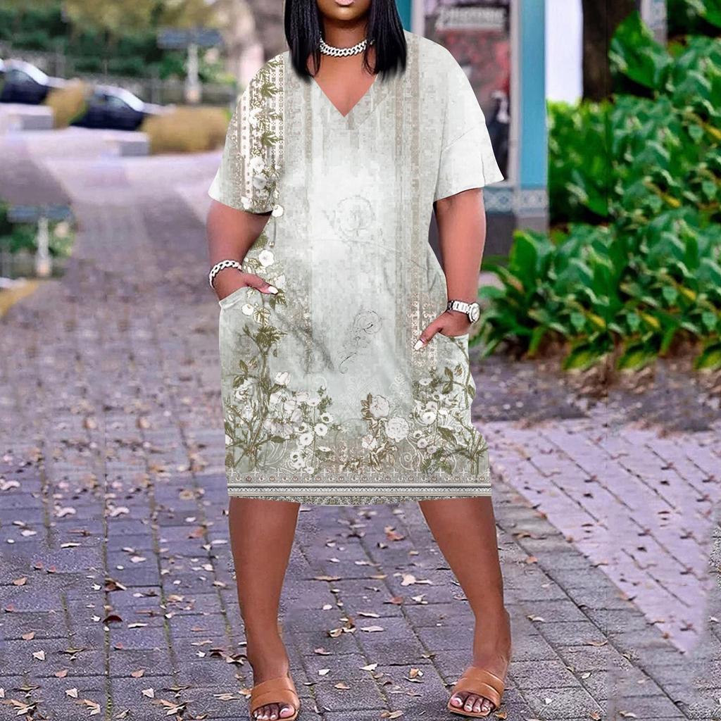 Лето плюс размер V-образным вырезом с короткими рукавами и карманами до колена с принтами повседневное платье для женщин