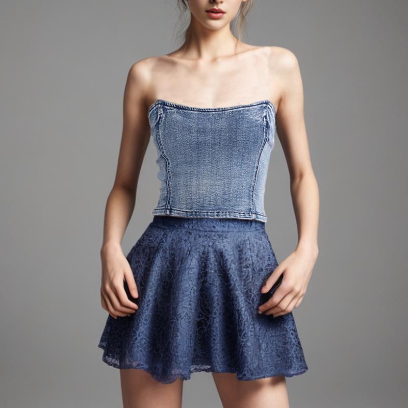 Spring 2025 European & American Sexy Washed Denim Zipper Tube Top