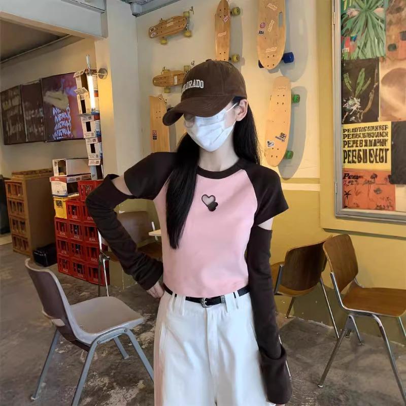 Уникальное чувство дизайна любовь полый топ весна контрастный цвет рукав с разрезом футболка Spice girl универсальная базовая рубашка