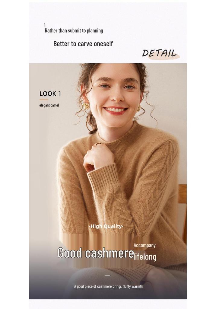 Women's Cable Knit Cashmere Pullover with Built-in Stand-up Collar Base Layer Sweater
