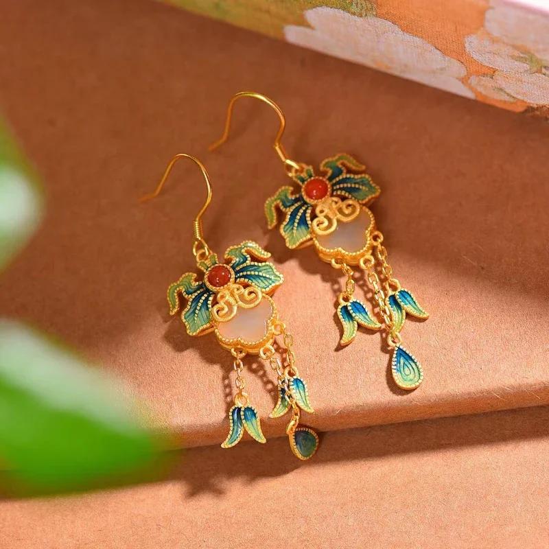 Natural Hetian White Jade Enamel Porcelain Tassel Earrings for Women Ancient Gold Craftsmanship Ancient Rhyme Court Jewelry