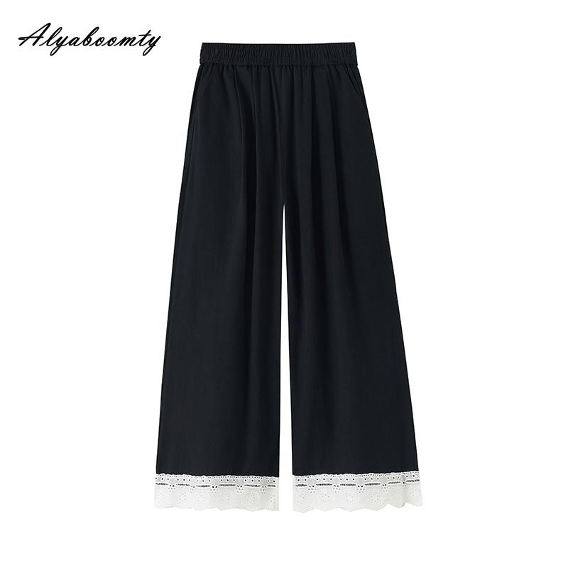 Корейский стиль весна-лето женские широкие брюки с высокой талией белые бежевые черные повседневные брюки кружевные пэчворк милые капри
