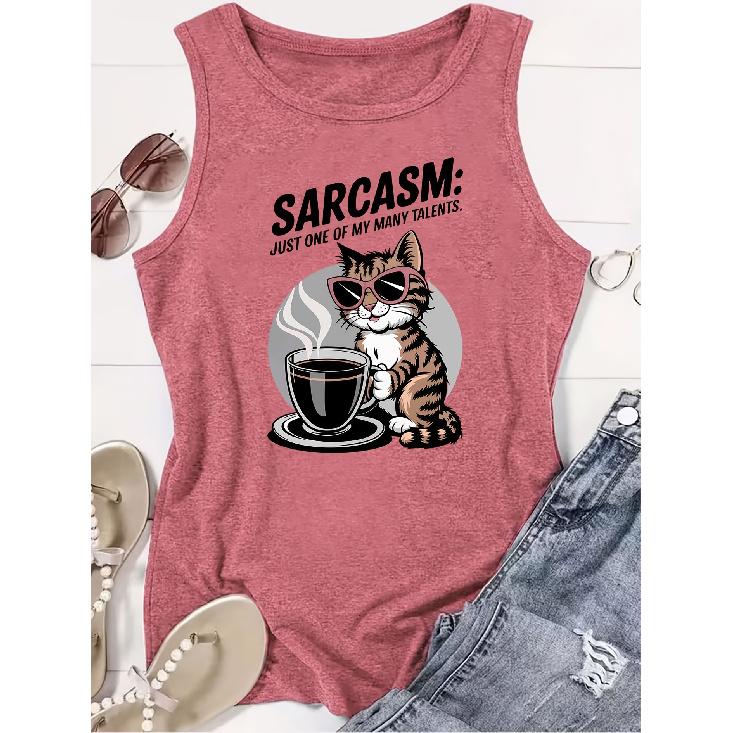 Элегантный жилет для женщин SARCASM Cool Cat Кофейный принт Повседневный свободный летний жилет Модные и уникальные топы в американском стиле для поездок на работу, отпуска,