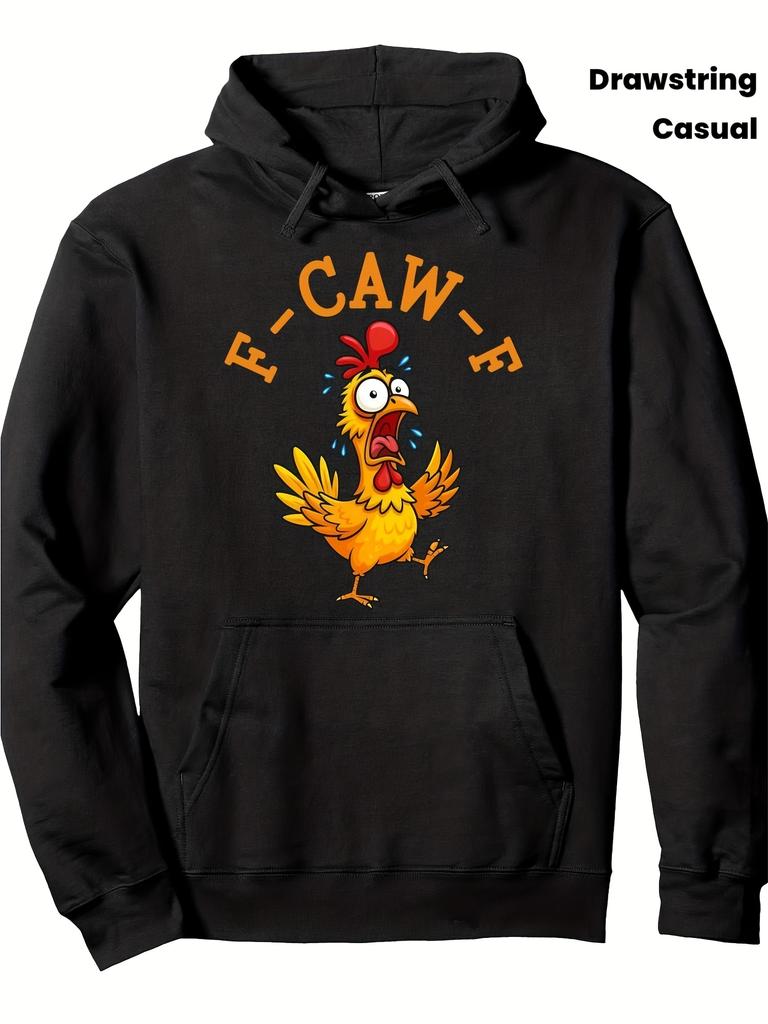 Men's Fun Chicken Pattern Hoodie - Rooster Print & F Caw F Letter - Casual Pullover Sweatshirt, suitable for outdoor hiking, farm