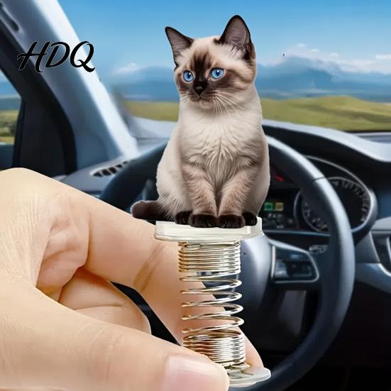 Vivid Kitten Figurines for Car Cute Cat Dashboard Decorations with Spring Swing Design 2D Flat Acrylic Ornaments Stable Self Adhesive Base