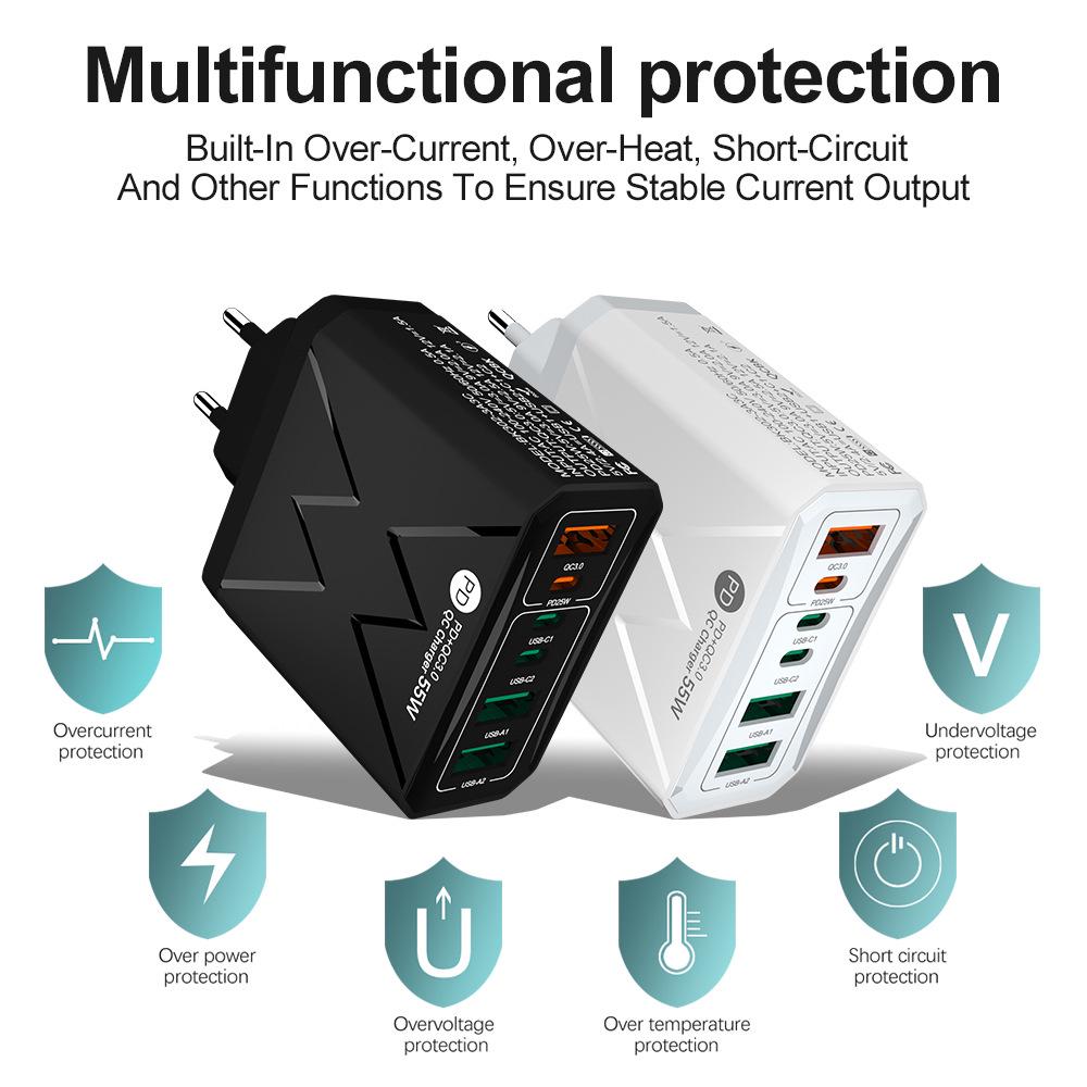Быстрое зарядное устройство PD 25 Вт на 6 портов: 3 USB, 3 PD 55 Вт с QC3.0 – Штекеры EU, UK, AU