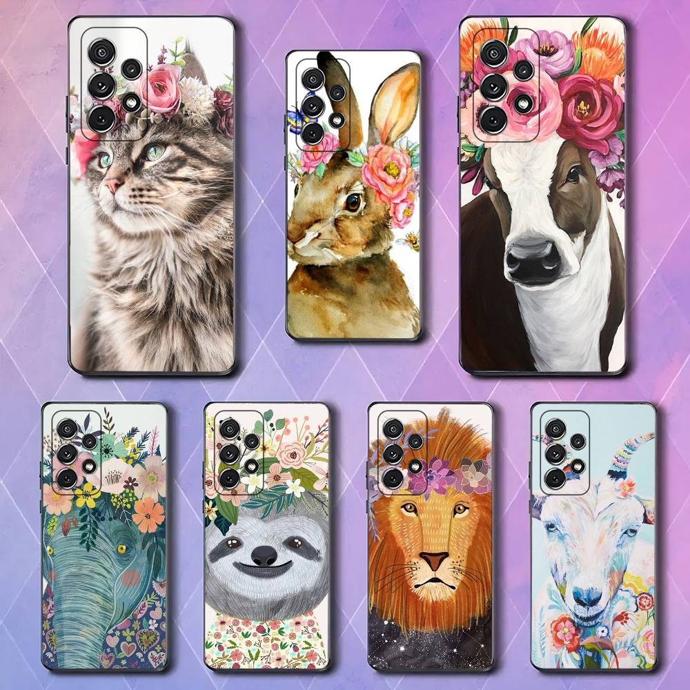 Голова животного в цветах Для Samsung Galaxy S23 S24 S25 Ultra S22 Plus S21 Черный Мягкий Чехол Водонепроницаемый Мягкий Чехол