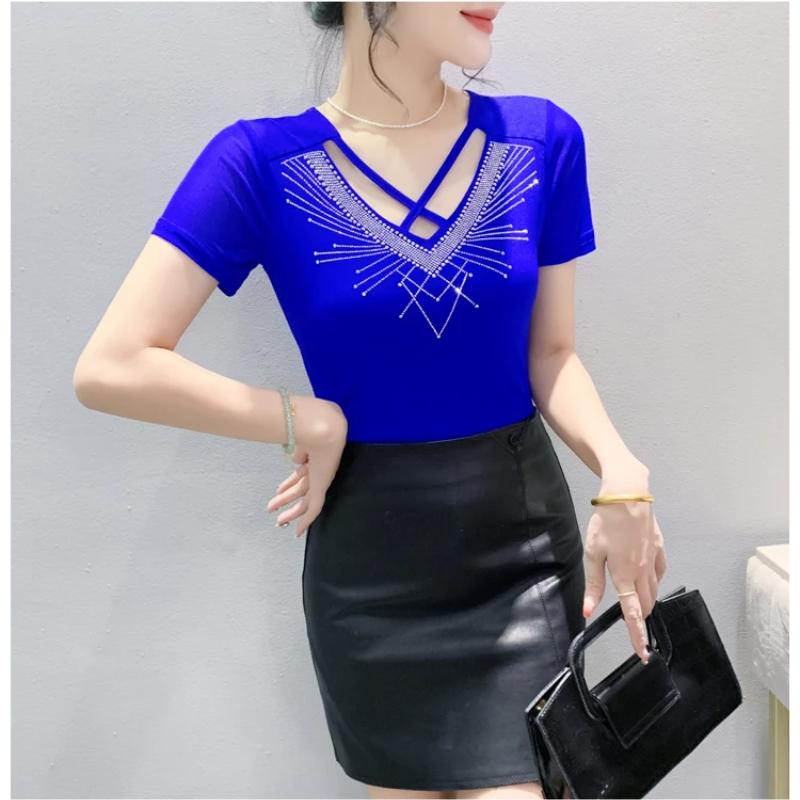 New Summer Short Sleeved V-Neck Women's T-Shirt Fashion Sexy Hollow Out Hot Diamonds Tops High Strecth Mesh Slim Tees