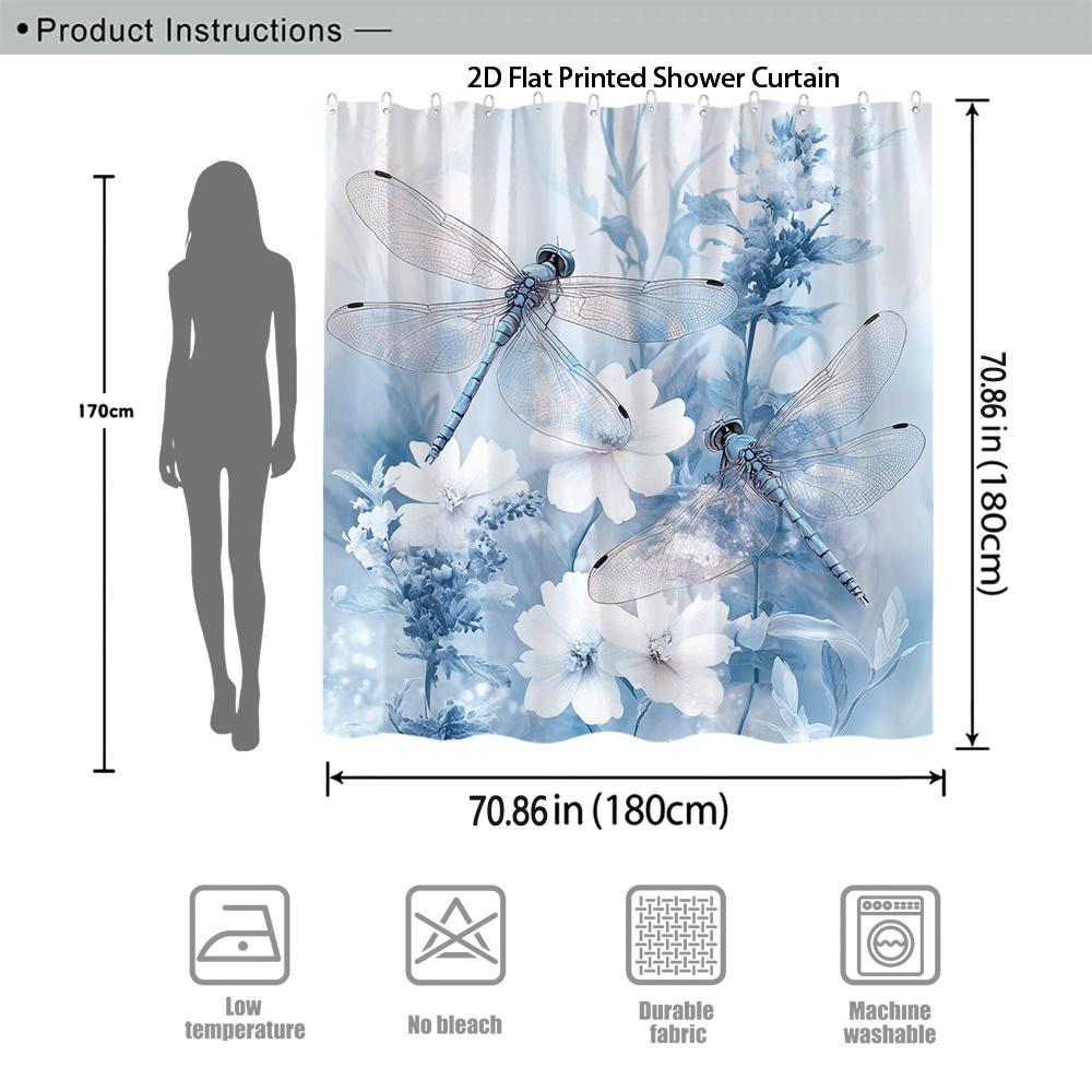Watercolor Blue Floral Dragonfly Bathroom Shower Curtain Waterproof Nature Botanical Shower Curtain Liner for Modern Home Decor