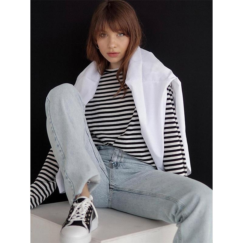 Женская полосатая футболка Hirsionsan с длинными рукавами, весна-лето 2023, большие футболки из 100% хлопка, женские повседневные шикарные футболки, топы для девочек