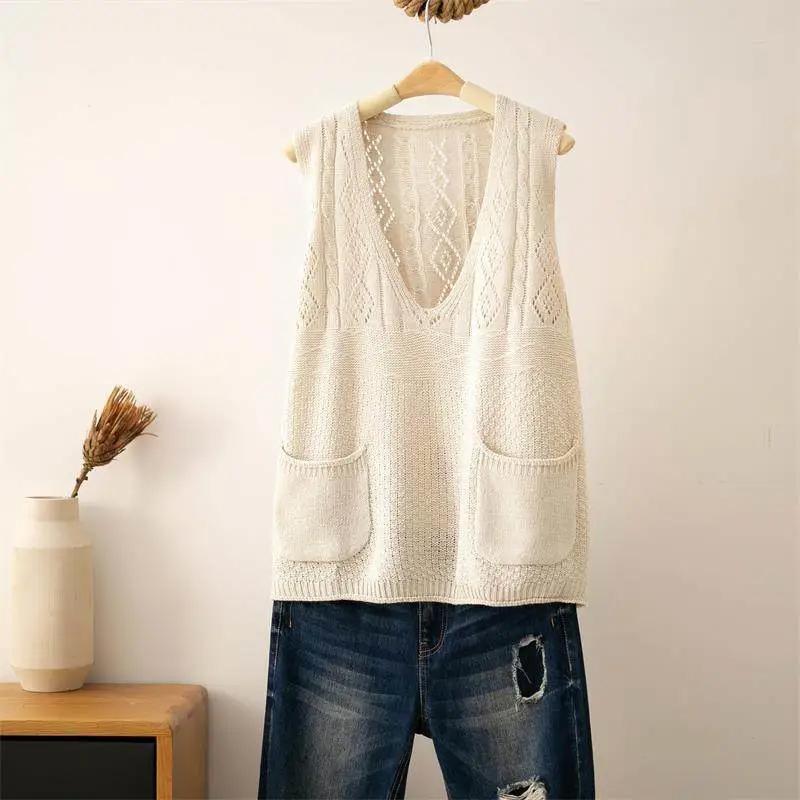Вязаный жилет женский свободный майка без рукавов свободный свитер жилет утолщенный повседневный круглый вырез жилет