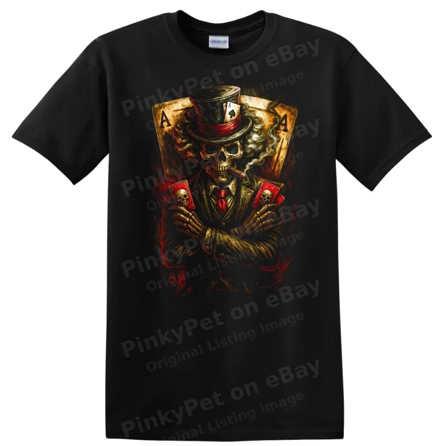Skull Poker Player T Shirt Skeleton Ace Cards w/ Halloween Tee Design Art