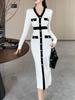 Autumn Korean Retro Knitted Elegant Dress Women New Design V Neck Single Breasted Dresses Fashion Casual Patchwork Slim Clothes
