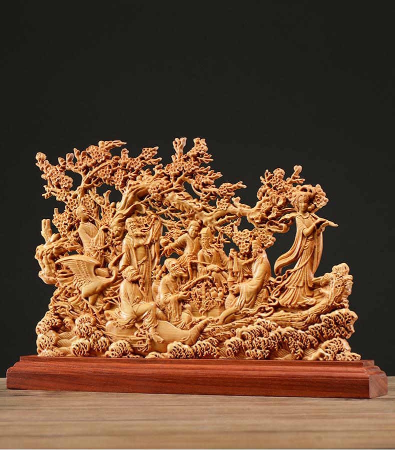 Thuja Wood Carving Eight Immortals Sculpture Decor Dish Wood God of Wealth Lucky Gift Home Decor