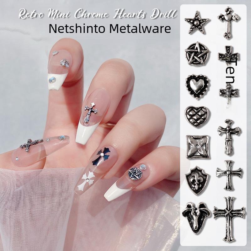 Chrome Heart Cross & Diamond Nail Art Jewelry - Retro Punk Style Accessories