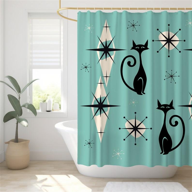 Шторка для душа Atomic Cat в стиле Mid-Century Modern – Ретро Эстетика для Ванной, Подарок Любителю Кошек в Стиле MCM