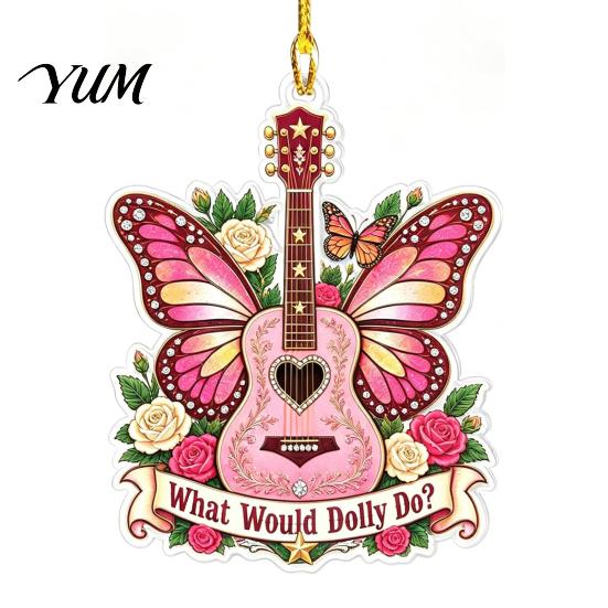 Creative Hanging Guitar Ornaments Pink Butterfly Ornament, Acrylic Music Decor with Rose Decorative for Trees And Quote, Christmas Tree Pendant,