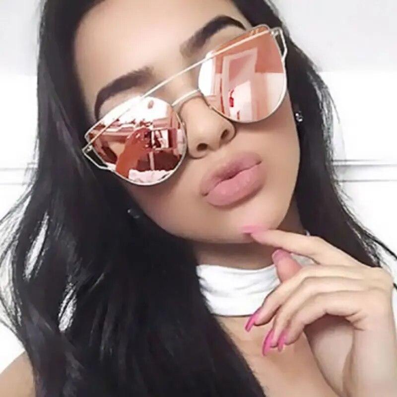 Зеркальные женские солнцезащитные очки «кошачий глаз» с плоскими линзами, классические брендовые дизайнерские солнцезащитные очки с двумя лучами в оправе из розового золота для женщин