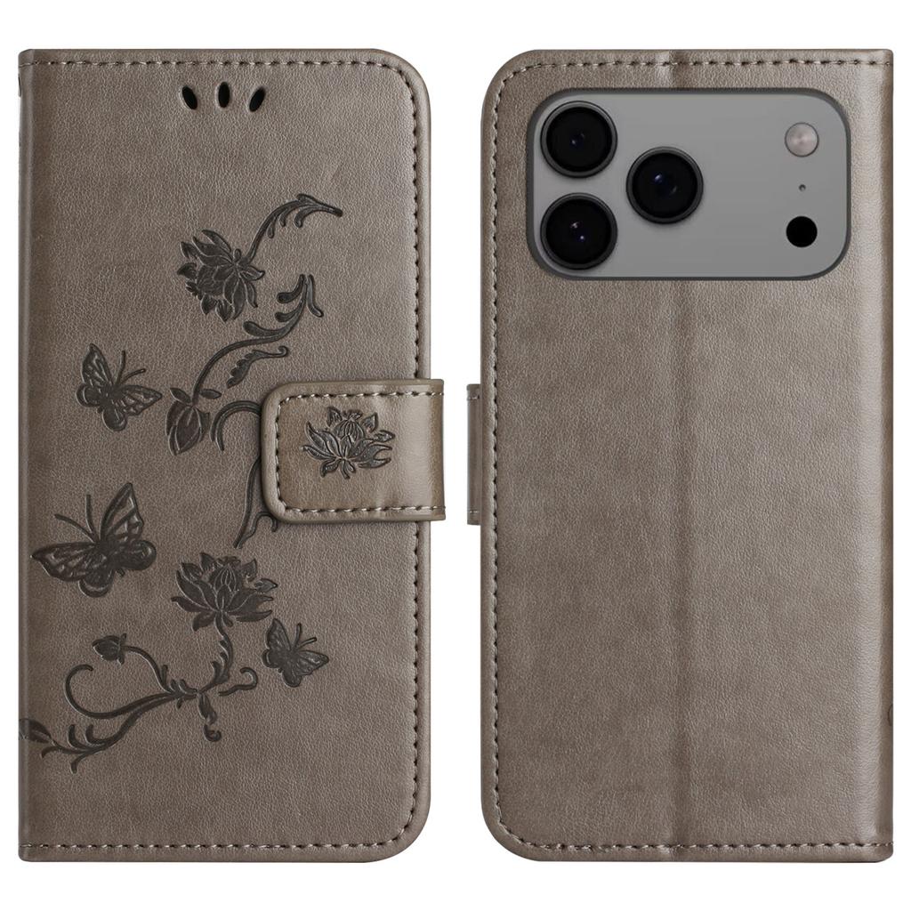 For iPhone 17 Pro Case Wallet Stand Imprinted Butterfly Flower PU Leather Phone Cover