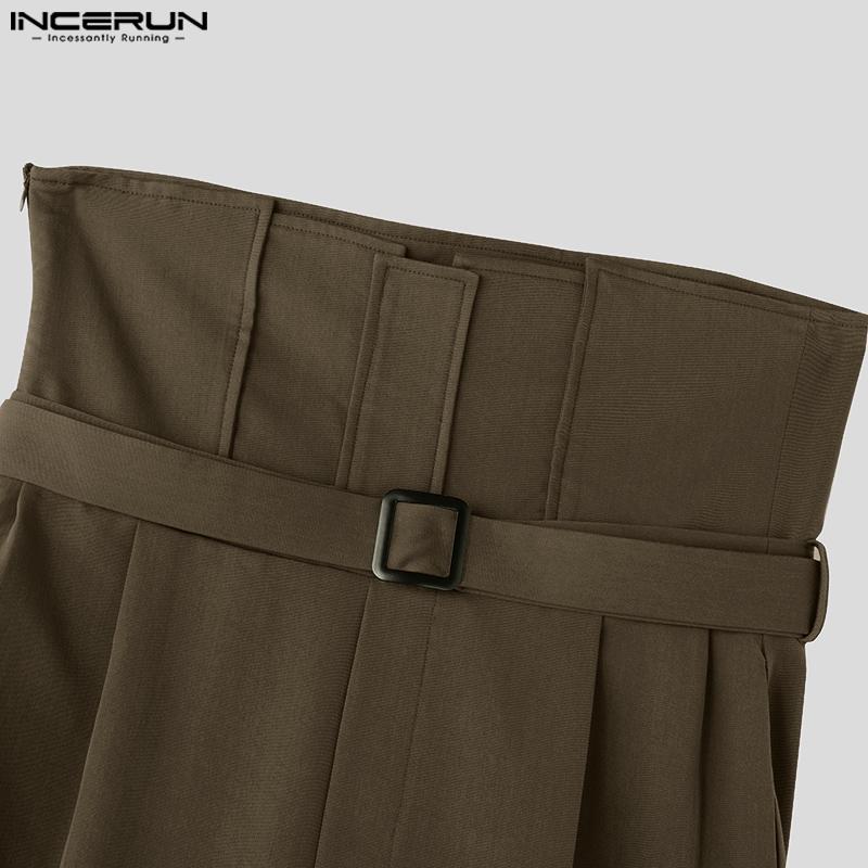 INCERUN Мужские прямые брюки с высокой талией на молнии, однотонные повседневные свободные длинные брюки