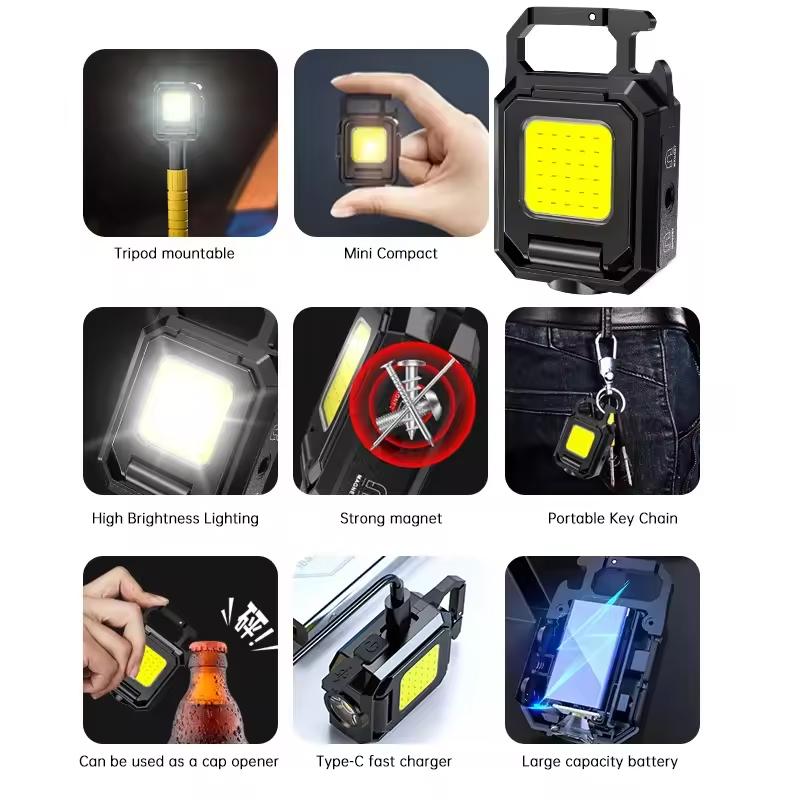 Flashlight Mini Keychain Light COB Work Light USB Rechargeable Lamp with 90° Foldable Side Lights Super Bright Portable Lanterns