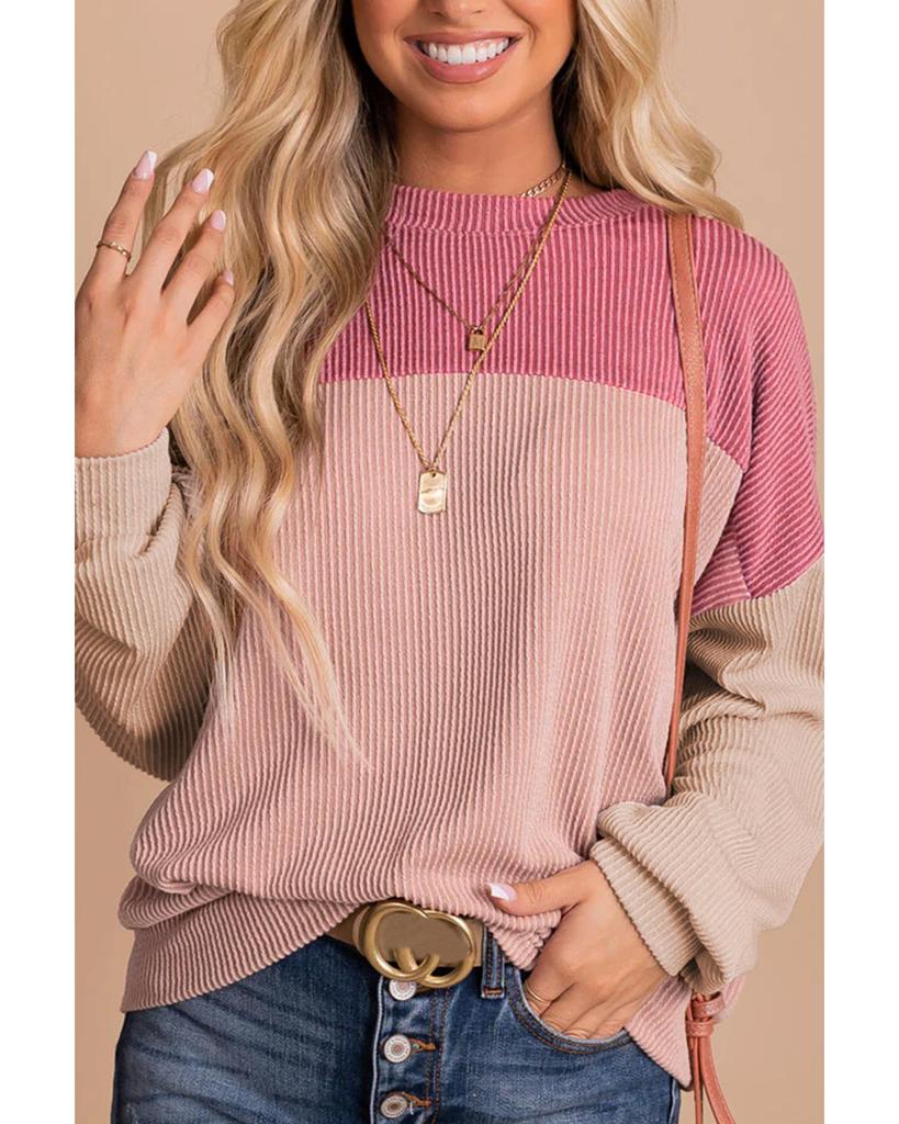 Azura Exchange Розовый цветной блок длинный рукав ребристый свободный топ